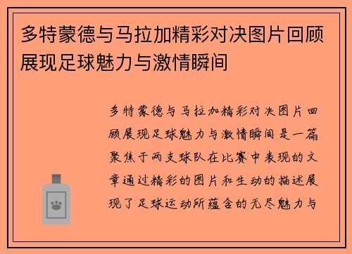 多特蒙德与马拉加精彩对决图片回顾展现足球魅力与激情瞬间