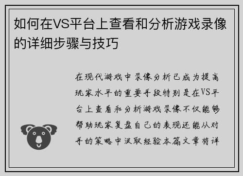 如何在VS平台上查看和分析游戏录像的详细步骤与技巧